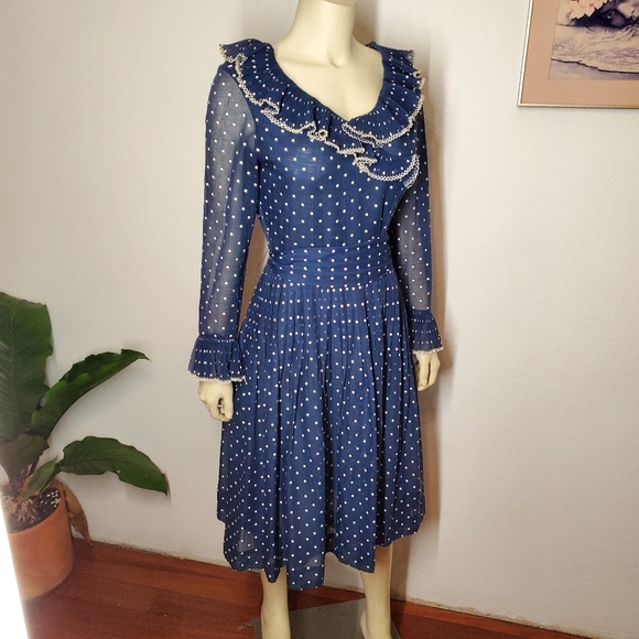 Vintage 70s Ruffle Polka Dot Dress - Picture 1 of 10